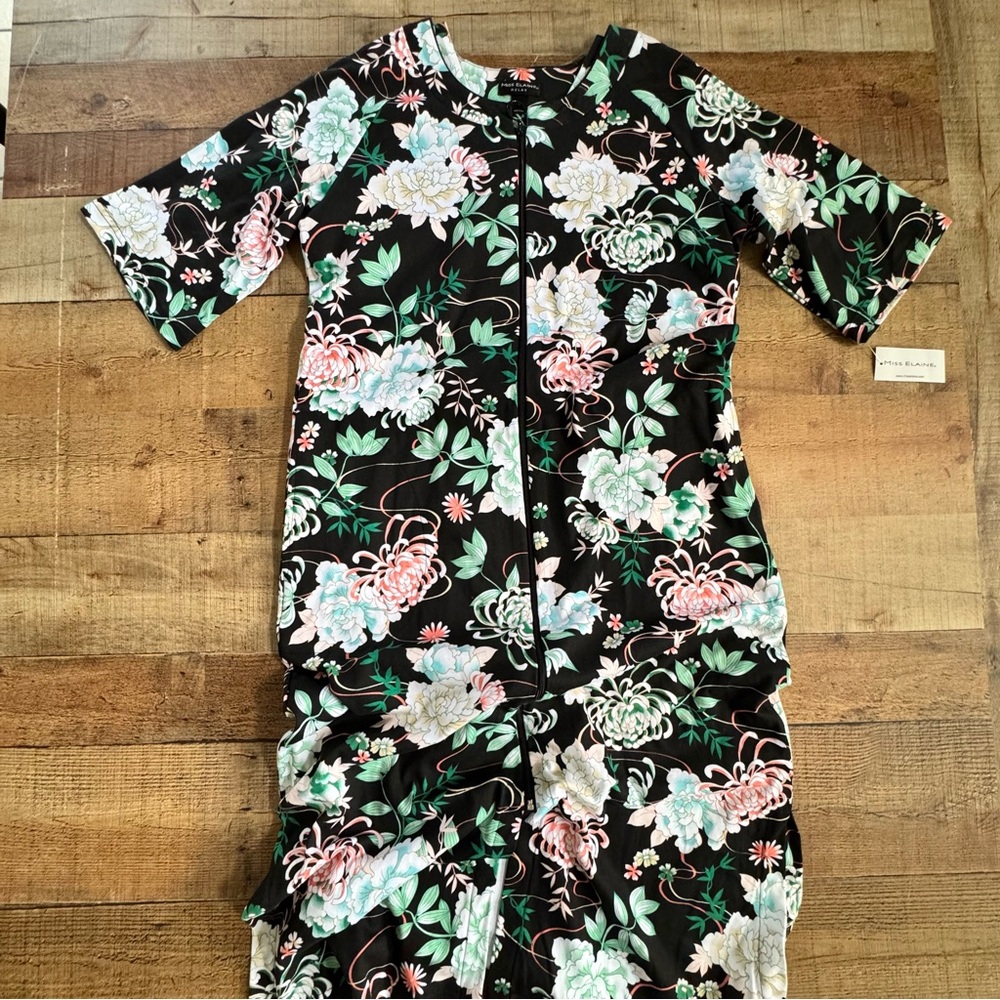 Miss Elaine Floral House Dress and Robe Set SMALL Black Floral NEW with Tags